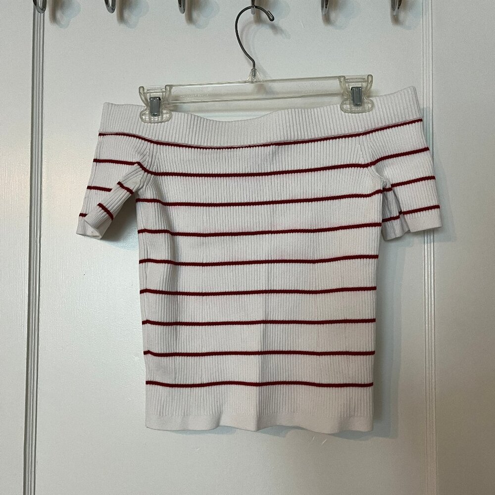 Club Monaco White Off-Shoulder Top with Red Stripes